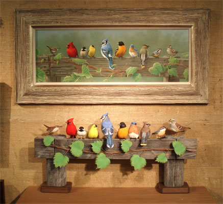 Rail Birds Painting by Jim Hautman, Carving by Manfred Scheel