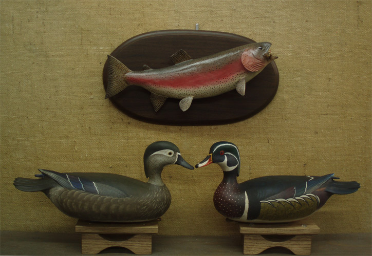 Rainbow Trout and Pair of Wood Ducks  carved by Bob White