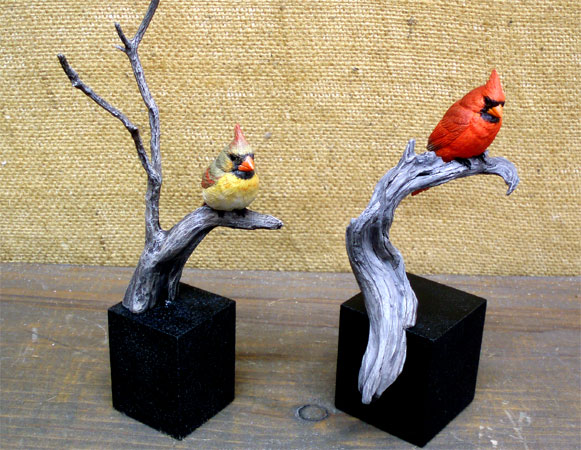 Pair of Cadinals -  Miniature Carved by Bob Guge