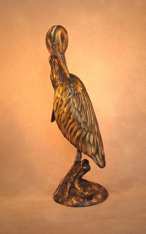 Preening Blue Heron Bronze - by David Smus