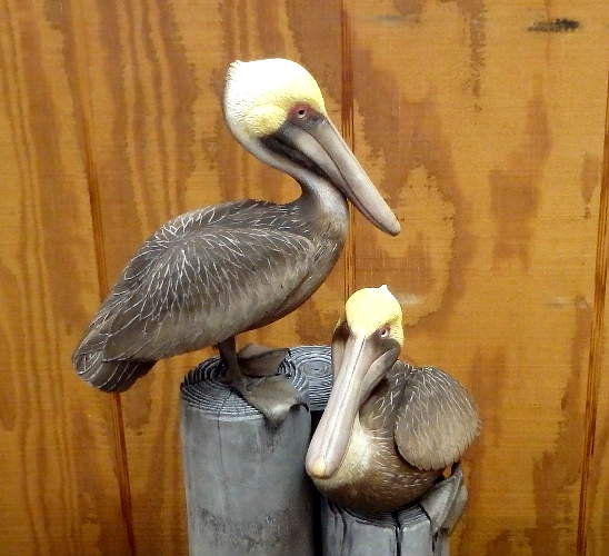 Pair of Pelicans - carved by Harvey Wilsonj