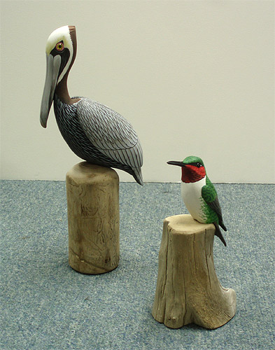 Brown Pelican and Hummingbird carved by Manfred Scheel
