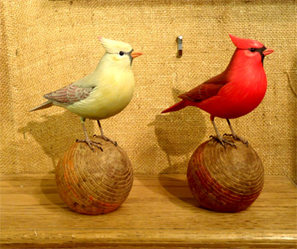 Pair Cardinals Slick Lifesize -  Carving by Manfred Scheel