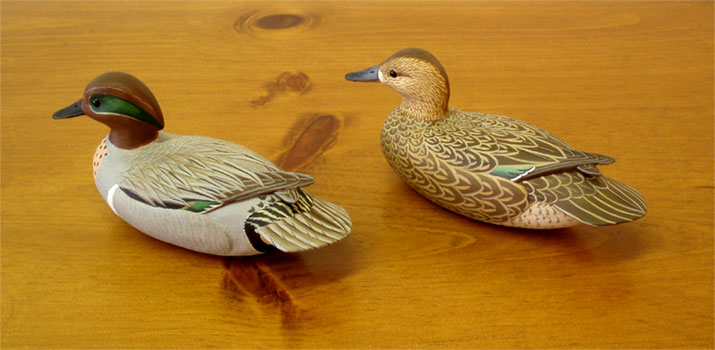 A Pair of Mini-Green Wing Teal  carved by Manfred Scheel