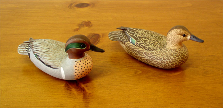 A Pair of Mini-Green Wing Teal  carved by Manfred Scheel