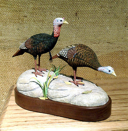 Pair Turkeys - Mini - Wood & Acrylic -  Carving by Manfred Scheel